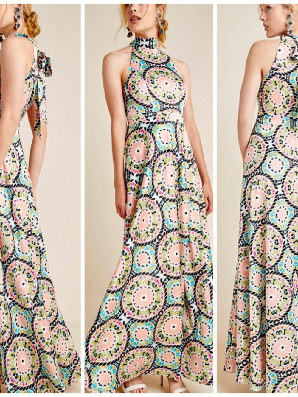 Antropologie/Nicole Miller Serena Halter Maxi Dress Womens 14 Kaleidoscope Print